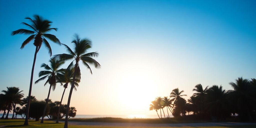 Florida landscape with palm trees and clear blue sky.
