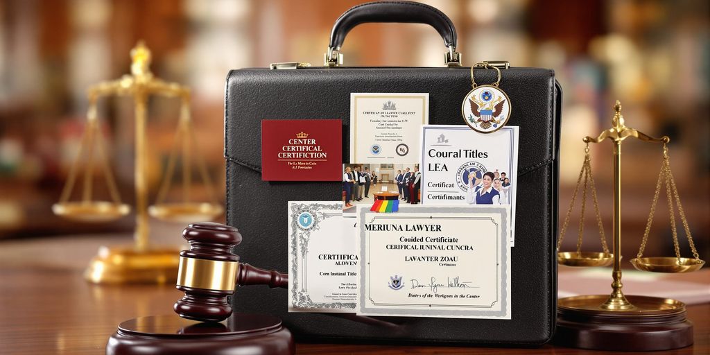 Lawyer's briefcase with legal certifications and gavel.