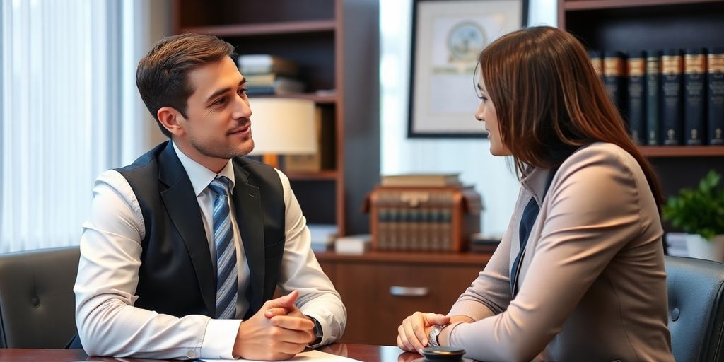 Lawyer and client discussing personal injury case in office.